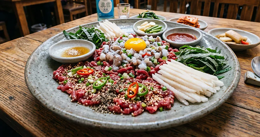 Minced Raw Octopus and Beef Tartare | 낙지육회탕탕이